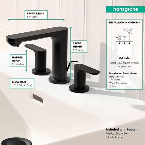 Hansgrohe Rebris S Contemporary 2-Handle 3-Hole 5-inch Tall Bathroom Sink Faucet in Matte Black, 72530671 in Saudi Arabia