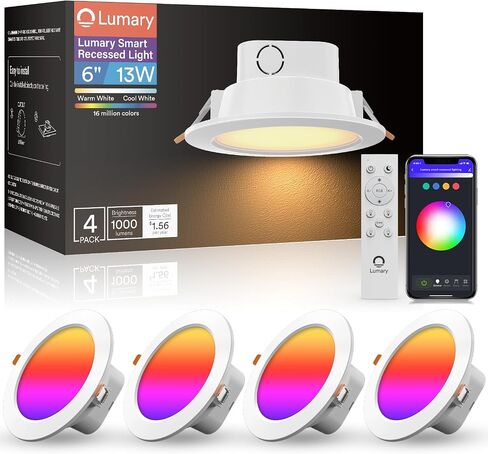 Lumary Integrated Smart Recessed Lighting 6 Inch with Junction Box 13W 1000LM Canless WiFi Downlight RGBCW Color Changing Wafer Light Work with Alexa/Google Assistant, 1PCS in Saudi Arabia