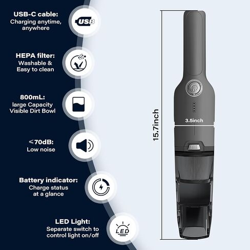 Mini Vacuum Cleaner, Handheld Vacuum Cordless with13KPA Suction Brushless Motor, 1.25lbs Ultra-Lightweight, LED Light, Portable Vacuum for Car & Home Cleaning (Grey) in Saudi Arabia