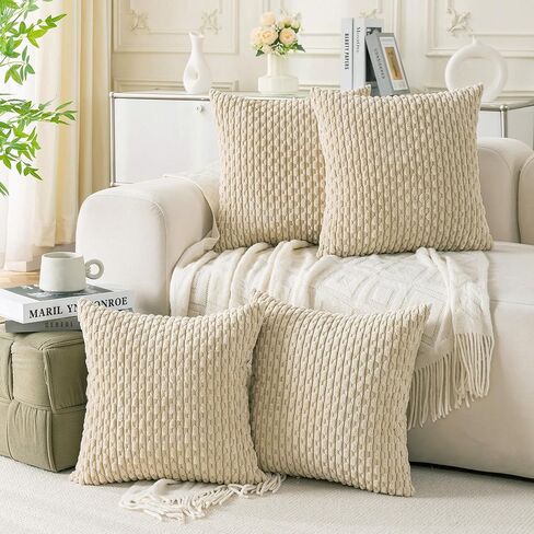 Set of 4 Neutral Decorative Pillow Covers 18x18 Inch Corduroy Throw Pillow Covers for Bed Couch Sofa Living Room Soft Cushion Cases in Saudi Arabia