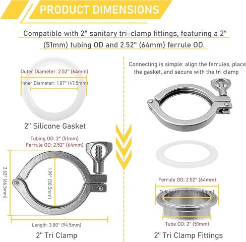 1.5 Inch Tri Clamp with Silicone Gasket 304 Stainless Steel 1.5" Single Pin Tri-Clamp Light Duty Sanitary TC Fittings Quick Connect Clamps 2PCS in Saudi Arabia