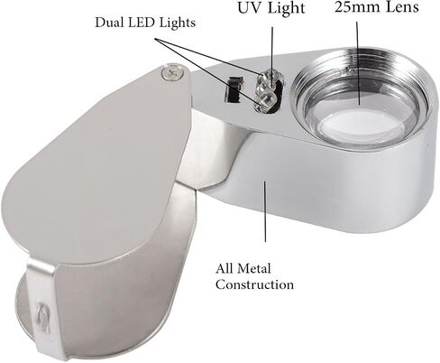 40X Full Metal Illuminated Jewelry Loop Magnifier,Delixike Pocket Folding Magnifying Glass Jewelers Eye Loupe with LED Light(LED Currency Detecting/Jewlers Identifying Type Lupe) in Kuwait