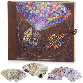 Longpro Retro Our Adventure Book Scrapbook Album Photo Book Handmade Cover Movie Up Travel Lock Scrapbook with Card Stamp for Anniversary Wedding Travelling Baby Shower Friends Gifts