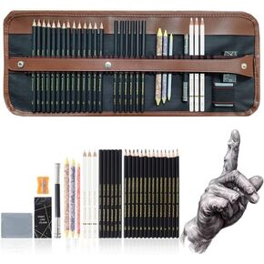 Heshengping 31 Drawing Sketching Pencils Kit, Portable Artist Supples Travel Case Set has Graphite, Charcoal, white color pencil, Blending Stump, gift for Adults Beginners for Drawing Sketch