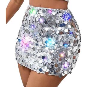 JEWEKY Light Up Sequin Mini Dance Skirt Silver Sparkly Bodycon Skirt Led Clubwear Club Costume Skirts for Women