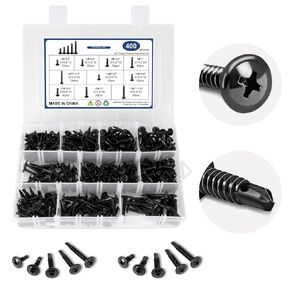 400Pcs Self Tapping Screws for Metal,410 Stainless Steel #8#10 Self Drilling Screws Assortment Set,1/2" to 1-1/4" Length Black Sheet Metal Screws for Building, Metal, Wood, and Plastic
