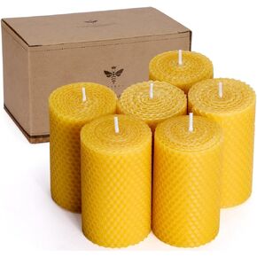 Beeswax Pillar Candles Set of 6 - Handmade Pure Beeswax Rolled Candles for Gift & Home Decor (2×3.4 in)