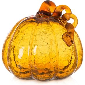Glitzhome Glass Pumpkin Hand Blown Glass Pumpkin Table Top Home Decor for Fall Harvest & Thanksgiving Decorating, 6.75" H, Amber