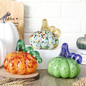 Set of 3 Hand Blown Glass Pumpkin Decorations,4.7 Inch Fall Pumpkin Decor Halloween Glass Pumpkin Figurine Collectibles for Fall Harvest Thanksgiving Halloween Home Tabletop Decor(Lovely)