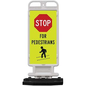 Plasticade Crosscade Crosswalk Sign, 24" Vertical Panel with 12x24 Stop For Pedestrians Sign, Impact-Resistant Rubber Base, Diamond Grade Reflective Background and HIP Sheeting