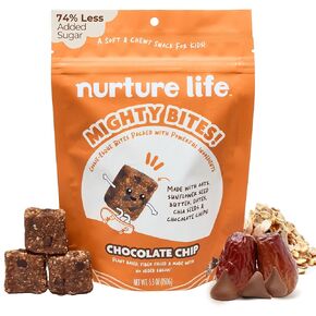 Nurture Life Mighty Bites - Chocolate Chip - Healthy Snacks for Kids & Toddlers Made with Oats Sunflower Seed Butter, Dates, Chia Seeds and Chocolate Chips - Plant-Based, Low-Sugar, High Fiber - 15 Pieces (Pack of 1)
