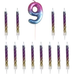 Number Birthday Candle - Rainbow Number 9 Birthday Candle with 12 Pcs Rainbow Spiral Candles for Birthday Cake Party Decoration Wedding Anniversary Celebration Supplies (Blue & Purple)