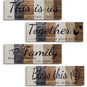 4 Pieces This is Us Our Life Our Story Home Wall Signs Decor Together Bless This Home Sign Rustic Wood Wall Entryway Family Plaque for Bedroom Living Room Decor, 4.7 x 13.7 Inch (Classic Brown)
