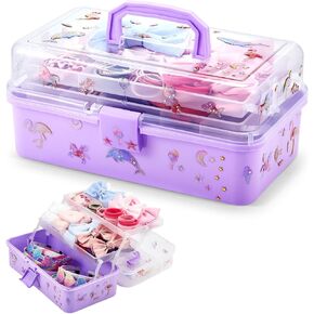 Ziliny Hair Accessories Organizer for Girls 13 In Hair Accessories Storage Box Plastic Tool Box with Handle Fold Tray 3 Layer Storage Box Hair Containers with Sticker for Hair Supplies Art Nail Makeup