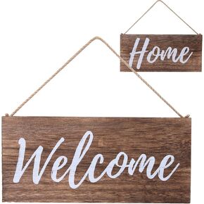ALBEN Wooden Hanging Welcome Sign – Reversible Message 12" x 6" Rectangular Farmhouse Outdoor/Indoor Décor – Rustic Sign for Porch or Front Door Natural Wood Grain (Brown)