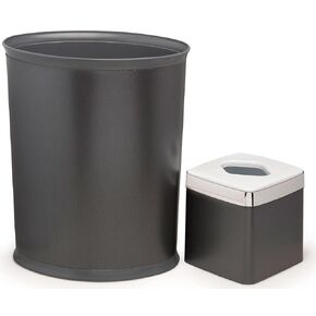 Stephanie Imports Made in USA Set of 2 Faux Beige Leather 5-Gallon Vinyl Waste Basket & Cube Tissue Box Cover