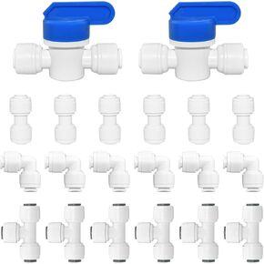 1/4" Tube OD Quick Connecter Water Filtration Tube Pipe Fittings Push to Connect Fittings for RO Water Reverse Osmosis System (Ball Valve + T + L + I Combo, 20 Pack)