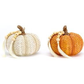 Valery Madelyn Pumpkins Decorations for Home, Set of 2 Rattan Pumpkins Decor Resin Boho Figurines for Indoor Table Centerpieces Halloween Autumn Thanksgiving, Dining Room Shelf Decoration 5.1Inch