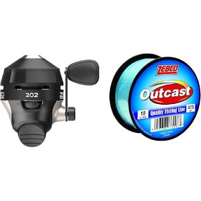 بكرة صيد Zebco 202 Spincast، مقاس 30 بكرة، استرجاع لليد اليمنى، تروس معدنية متينة بالكامل، دبوس التقاط من الفولاذ المقاوم للصدأ، ملفوف مسبقًا بخط صيد Zebco بوزن 10 رطل، أسود، تغليف البطلينوس