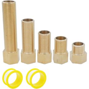 5PCS Extension Brass Pipe Fitting, 1/2" Female to 1/2" Male Pipe Hex Bushing Adapter Converter Adapter with Sealing Tape, 30 mm/40 mm/50 mm/70 mm/100 mm