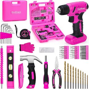 64PCS Pink Cordless Drill Set, 8V Power Drill and Pink Tool Set for Lady, 3/8"Keyless Chuck Electric Screwdriver Driver Kit for Home DIY and Repair, USB Charger and Handy Box Included, Gift for Women