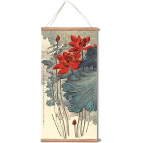 xinyuru Chinese Landscape Flower Poster,Plants Lotus Canvas Wall Art,Oak Wood Scroll Painting Decor for Bedroom Living room (Lotus 1+2, 16"x32"x2piece)