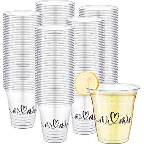 Dandat 200 Pack Disposable Wedding Plastic Cups Bulk 10oz Wedding Reception Cup Disposable Clear Plastic Glasses for Wedding Reception Supplies Bridal Shower Anniversary Birthday Party(Mr and Mrs) in Saudi Arabia
