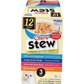 INABA Churu Stew Creamy Lickable Purée with Shredded Chicken Topper/Treat Pouch for Cats with Vitamin E, 1.4 Ounces per Pouch, 16.8 Ounces Total (12 Servings), Chicken with Salmon Recipe