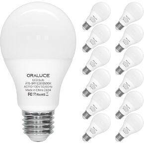 ORALUCE LED Light Bulb, A19 9W Lightbulbs, 60 Watt Equivalent, 120V 900LM, 6500K Cool White, E26 Medium Base, Non Dimmable, Energy Efficient, UL Listed, 6 Pack