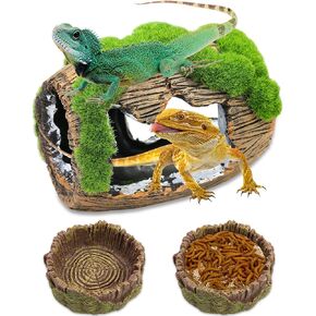 Dexspoeny 3Pcs Reptile Hide Cave Small Lizard Reptile Food＆Water Bearded Dragon Bowls Accessories,Natural Resin Hollow Tree Trunk Hideout,Hermit Crab Supplies Trunk Snake Gecko Frogs Fish Tanks Decor