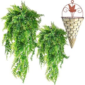 2 pcs & Basket Artificial Ferns for Outdoors Faux Ferns Large Artificial Ferns Plant Artificial Hanging Boston Ferns Fake Ferns for Outdoor, Green