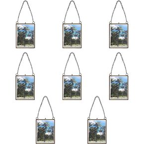 8 Pcs 3.5 x 2.5 Inch Glass Frame for Pressed Flowers Brass Hanging Picture Frame with Chain Double Glass Frame Floating Photo Frame for Plant Specimen Dired Flowers Photo DIY Decor (Black)