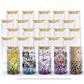 sweet grain Snow Globe Tumblers(25 Pack) - 16oz Double Wall Sublimation Glass Beer Can for Snow Globe Cups with Pre Drilled Hole, Bamboo Lids, Straws and Hole Stopper, Clear Snowglobe Tumbler