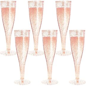 Disposable Champagne Flutes,6PC Rose Gold Glitter Plastic Champagne Glasses for Parties Plastic Champagne Flutes Cups Plastic Toasting Glasses,Mimosa,Wedding and Shower Party Supplies 6.5 OZ