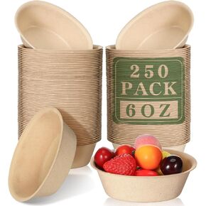 Dandat 6 oz Disposable Paper Bowls Bulk Bowls Small Disposable Bowls Bagasse Dessert Bowls Disposable for Ice Cream Soup Salad Pasta Party Supplies Picnic Banquet Barbecues Pet Food (250 Pcs)