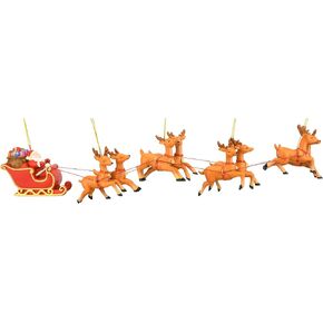 Tree Buddees Large 5 Piece Hand Painted Full Santa's Sleigh and 8 Reindeer Christmas Ornaments Set - 17.5 Inches Long