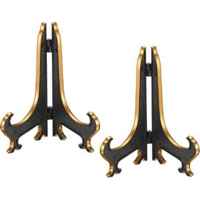 PATIKIL 5" Acrylic Decorative Plate Stand Holder, 2 Pack Table Use Foldable Picture Easel Frame Holder for Displaying Photos, Card, Canvases, Black Gold