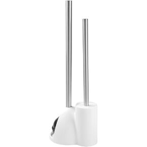 iDesign Plastic Toilet Bowl Plunger Set, Slim Compact Combo, 7.5" x 6" x 19", White and Brushed Stainless Steel