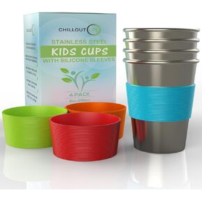 Stainless Steel Cups for Kids and Toddlers 8 oz. with Silicone Sleeves - Small Metal Cups for Home & Outdoor Activities, BPA Free Healthy Unbreakable Premium Metal Drinking Glasses (4-Pack)