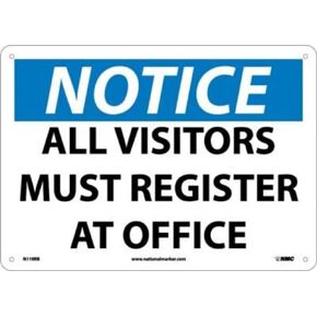 NMC N119RB OSHA Sign, "NOTICE ALL VISITORS MUST REGISTER AT OFFICE", 14" Width x 10" Height, Rigid Plastic, Black/Blue On White