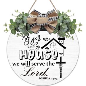 As for Me and My House We Will Serve The Lord Wreaths Round Wood Hanging Sign with Ribbon Bow Wall Art Decor for Home Farmhouse Bar Pub Yard Front Door Decorations Gifts 12 x 12 Inch