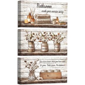 HOMEOART Bathroom Signs Farmhouse Bathroom Wall Decor Pictures Canvas Wall Art for Bathroom Decor Framed 6x12inchx3Pieces (Black)