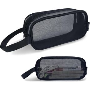 Aosbos Mesh Pencil Case, Clear Pencil Pouch Pencil Bags, Transparent Pen Holder Bag, Multi-Purpose Organizer Box with Portable Strap, Black