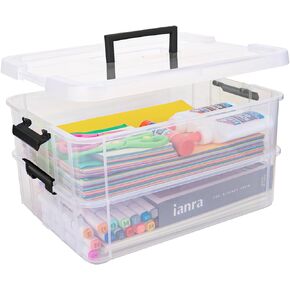 2 Layer Plastic Storage Containers with Lids, Multipurpose Clear Stack & Carry Box, Portable Craft Organizers and Storage Bin for Organizing Art & Craft, Sewing, Makeup, Nail Supplies (Blue)