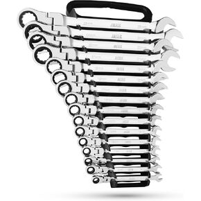 Jaeger 16pc MM/Metric Flex Head TIGHTSPOT Ratcheting Combination Wrench Set With Lock-In Rack - Metric Flexhead MASTER SET With Flexible Ratchet Speed Wrenches And A Lock-In Rack Case