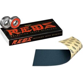 Bones Reds Precision Skate Bearings With Mob Skateboard Grip Tape Sheet Black 9" Bubble Free