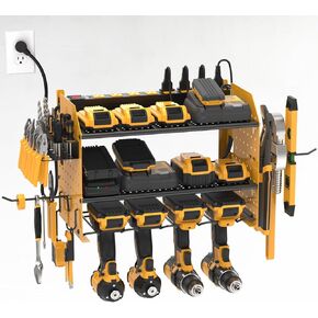 CRST Power Tool Organizer Wall Mount with Charging Station, Cordless Drill Holder with 8-Outlet Power Strip, Modular Garage Organization Storage Rack Shelf, DIY Pegboard, Gift for Men Yellow