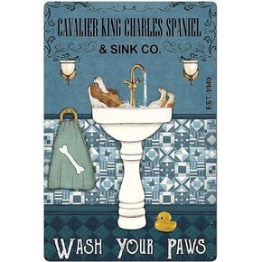 Dog Retro Tin Sign, Cavalier King Charles Spaniel Sink Co. Wash Your Paws, Bathroom Toilet Art Wall Decoration Plaque 8 Inch X 12 Inch.