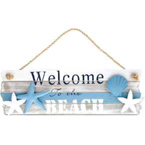 CoTa Global Aqua Sky Welcome to the Beach Nautical Decor Sign - Nautical Themed Wood Sign for Wall, Novelty White and Blue Starfish and Seashell Wooden Figure