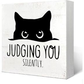 Cat Judging You Silently Sign,Funny Office Desk Accessories,Cat Decor, Home Office Decor?Cat Desk Accessories Cat Decorations Wood Box Sign 5x5 Inch
